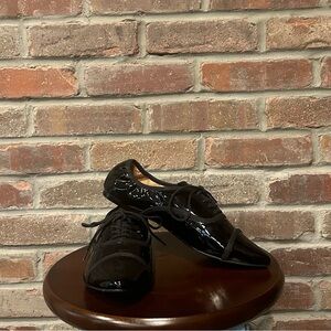 Andrew Stevens Brand New Black Patent Leather Pointed Toe Lace Up Oxford Flats